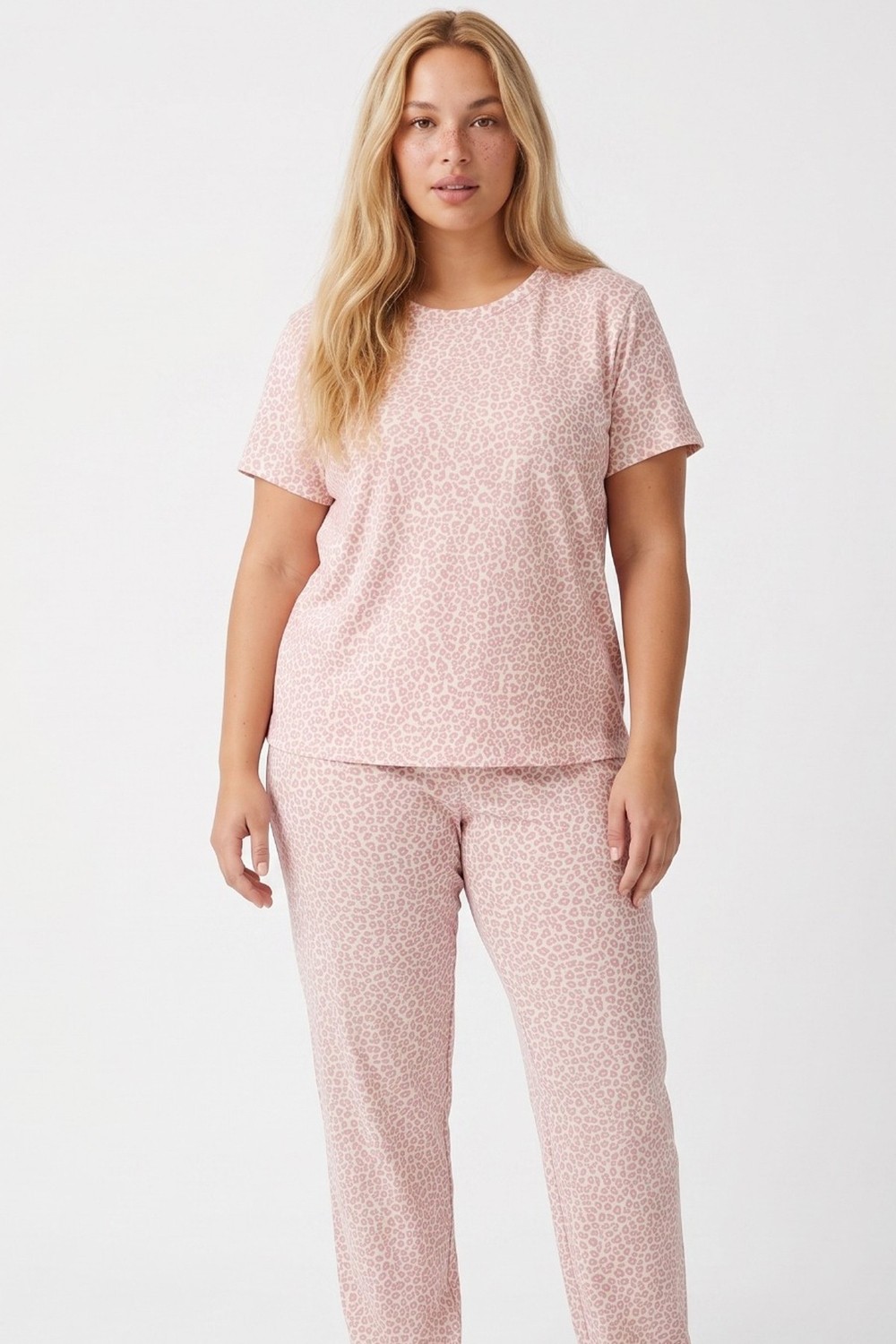 Siyah İnci Beyaz Somon Leopar Desenli Büyük Beden Battal Örme Pijama Takım 7614 görsel 2