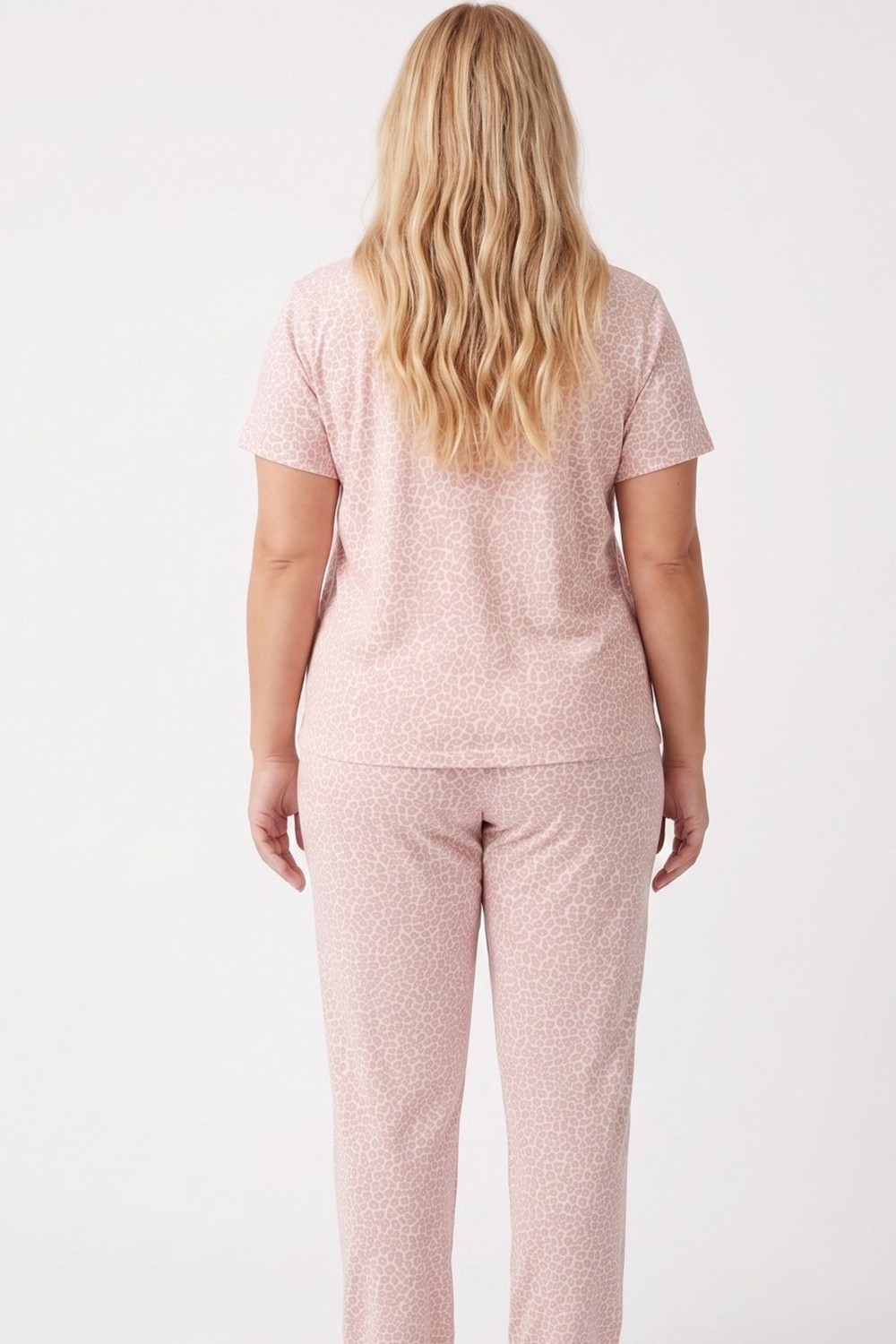 Siyah İnci Beyaz Somon Leopar Desenli Büyük Beden Battal Örme Pijama Takım 7614 görsel 3