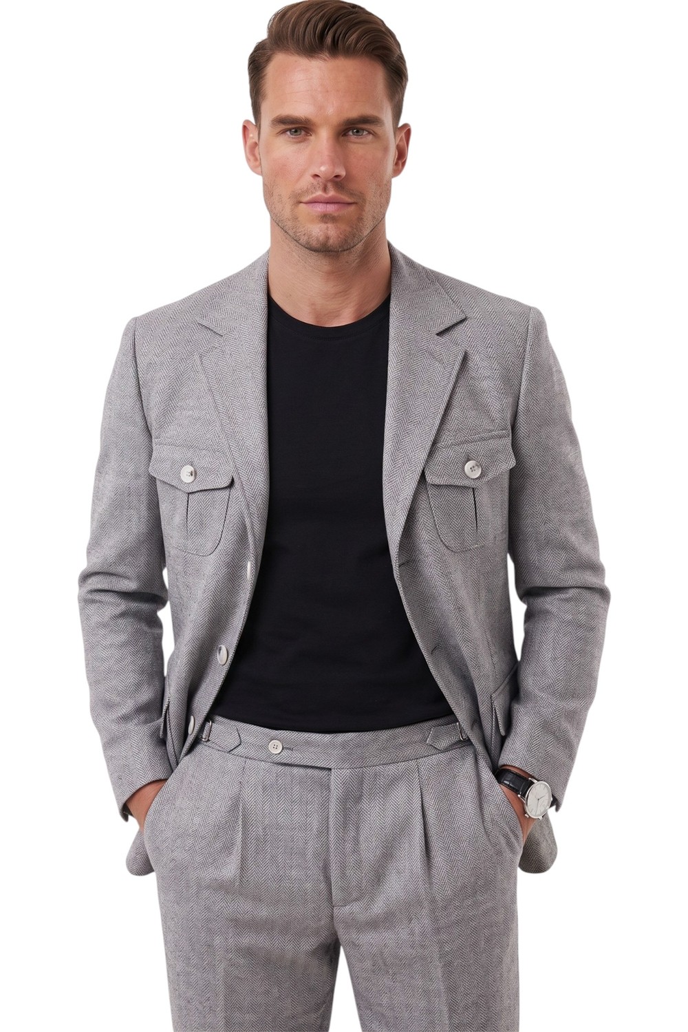 Deepsea Erkek Bej Safari Ceketli Slim Fit 2'li Takım Elbise, Pileli Duble Paça Pantolon 2600723 görsel 2