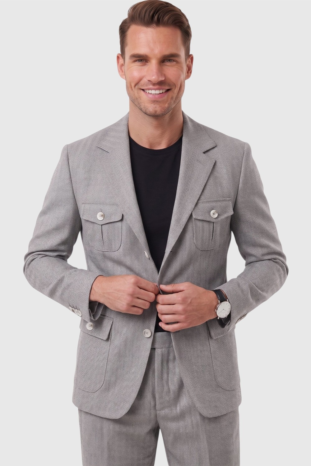 Deepsea Erkek Bej Safari Ceketli Slim Fit 2'li Takım Elbise, Pileli Duble Paça Pantolon 2600723 görsel 4