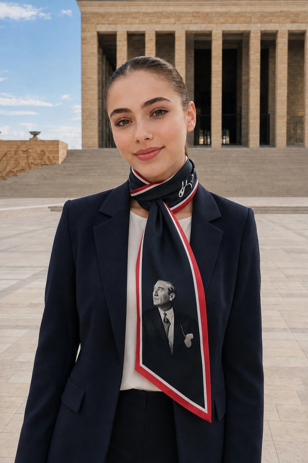 Tarzını Seç Atatürk Fotoğraflı ve Imzalı Türk Bayraklı Kravat / Eşarp / Fular