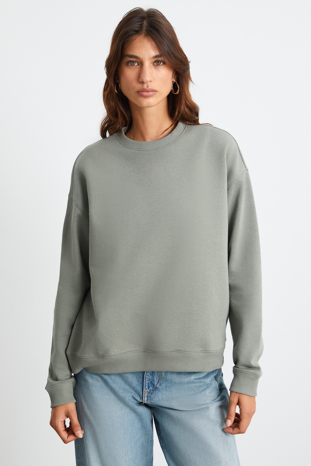 Ethiquet Maıja Kadın Bisiklet Yaka Içi Polarlı Oversize Fit Basic Açık Haki Sweatshirt