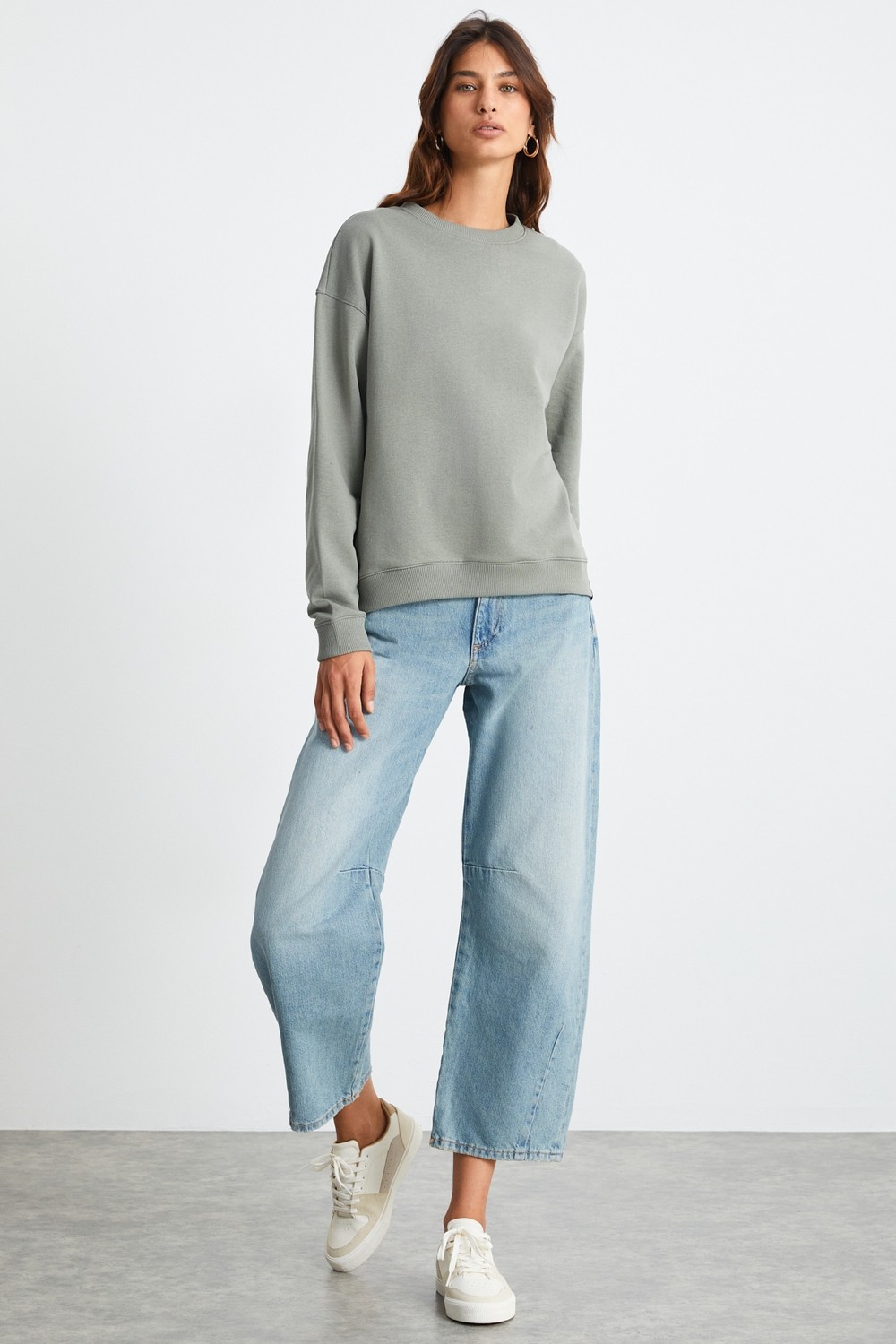 Ethiquet Maıja Kadın Bisiklet Yaka Içi Polarlı Oversize Fit Basic Açık Haki Sweatshirt görsel 2
