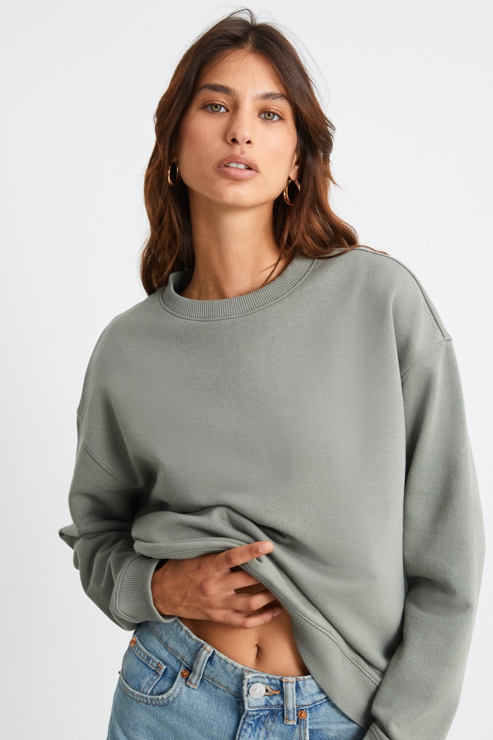 Ethiquet Maıja Kadın Bisiklet Yaka Içi Polarlı Oversize Fit Basic Açık Haki Sweatshirt görsel 4