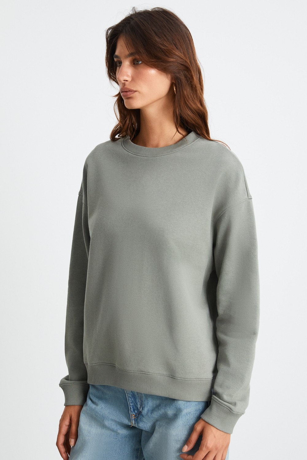 Ethiquet Maıja Kadın Bisiklet Yaka Içi Polarlı Oversize Fit Basic Açık Haki Sweatshirt görsel 5