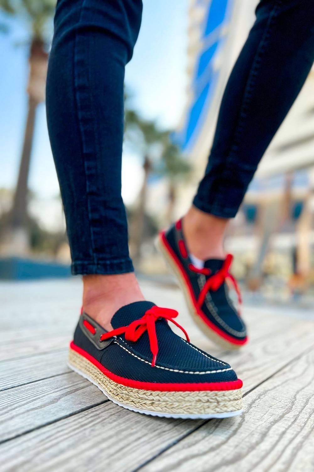 Zerenyus ZRC311 Premium Günlük Bağcıklı Keten Erkek Espadril Siyah Kırmızı görsel 3
