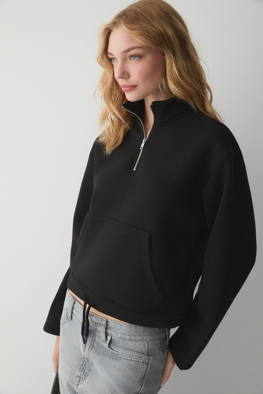 Ethiquet Bellagıo Kadın Organik Pamuklı Kanguru Cepli Yakası Fermuarlı Kırmızı Sweatshirt görsel 3