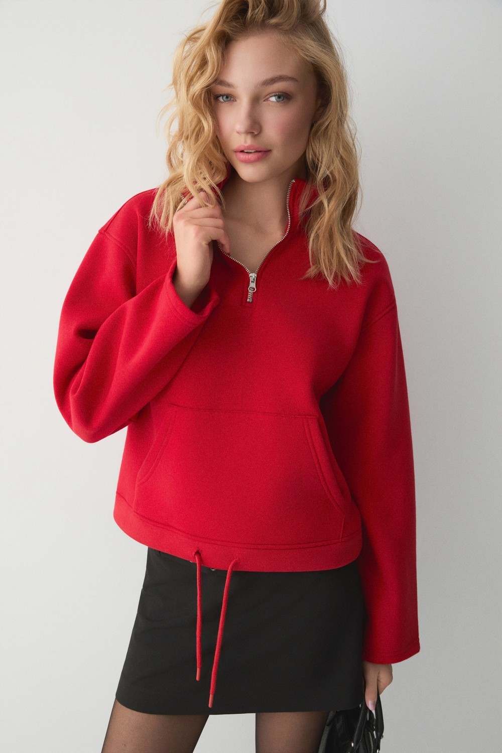 Ethiquet Bellagıo Kadın Organik Pamuklı Kanguru Cepli Yakası Fermuarlı Kırmızı Sweatshirt görsel 8