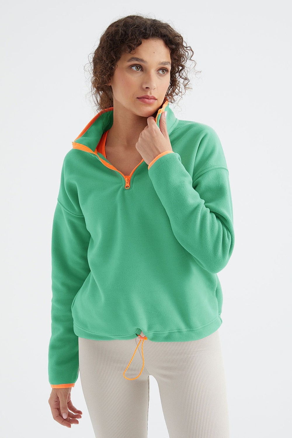 Tommy Life Saks Yarım Fermuar Etek Ucu Büzgülü Dik Yaka Standart Kalıp Kadın Polar Sweatshirt - 97234