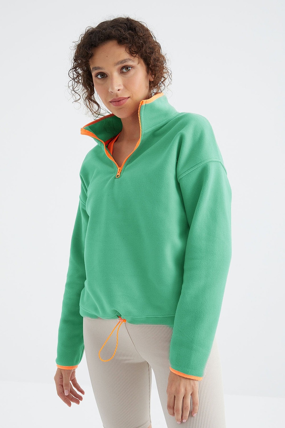 Tommy Life Saks Yarım Fermuar Etek Ucu Büzgülü Dik Yaka Standart Kalıp Kadın Polar Sweatshirt - 97234 görsel 3
