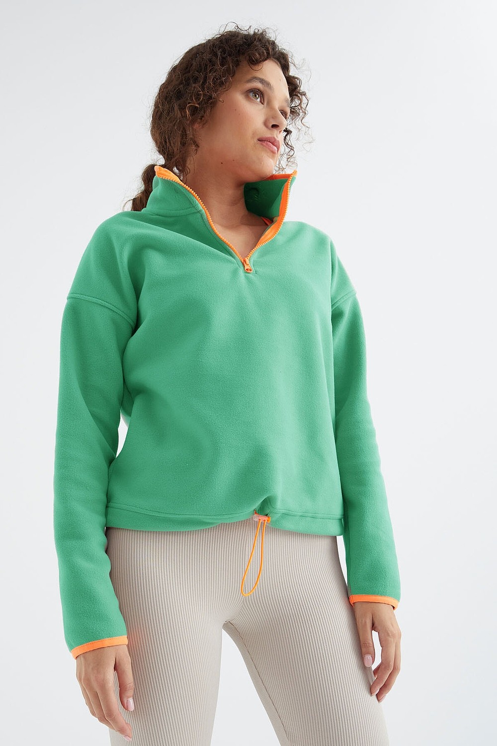 Tommy Life Saks Yarım Fermuar Etek Ucu Büzgülü Dik Yaka Standart Kalıp Kadın Polar Sweatshirt - 97234 görsel 4