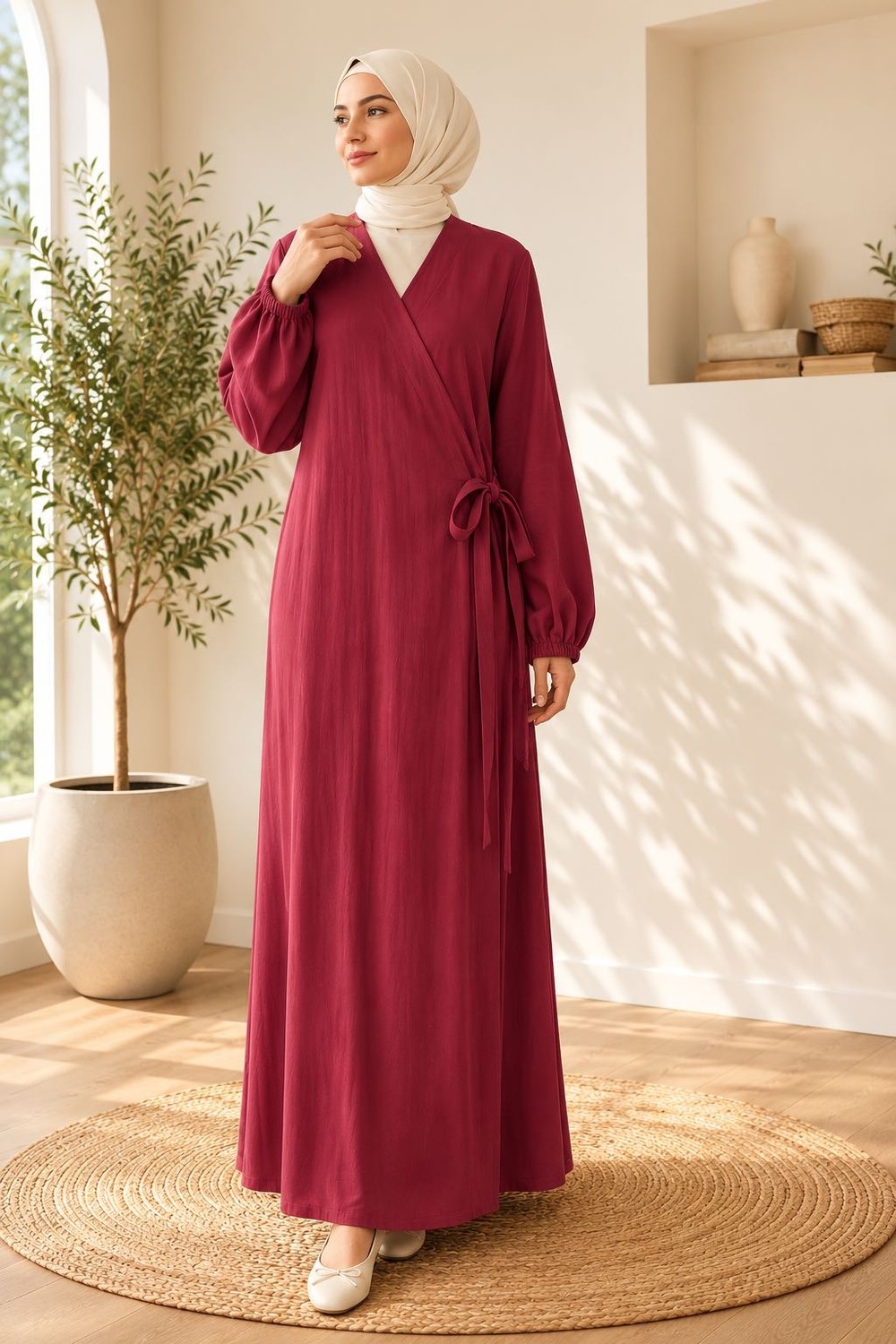 Melike Home Bordo Pamuk Müslin Sabahlık-Elbise
