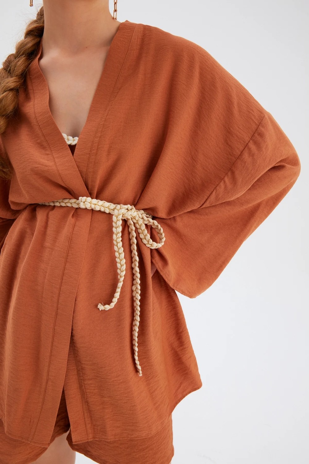 Sateen Kuşak Detaylı Salaş Kimono - TABA görsel 6