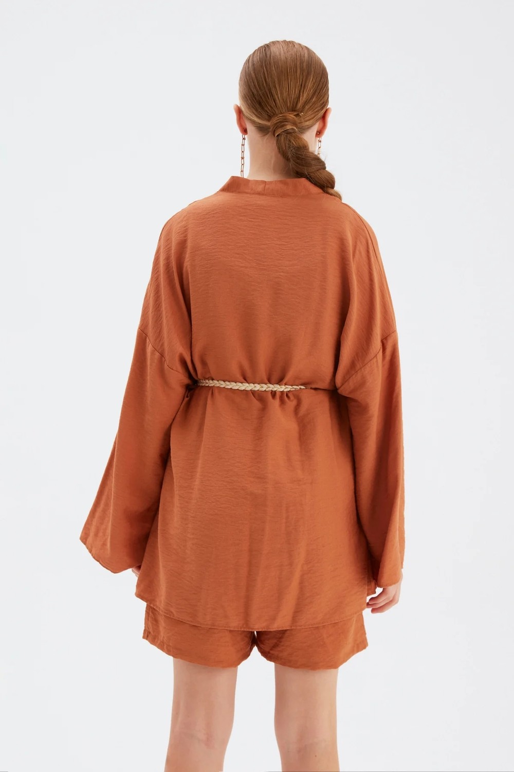 Sateen Kuşak Detaylı Salaş Kimono - TABA görsel 7
