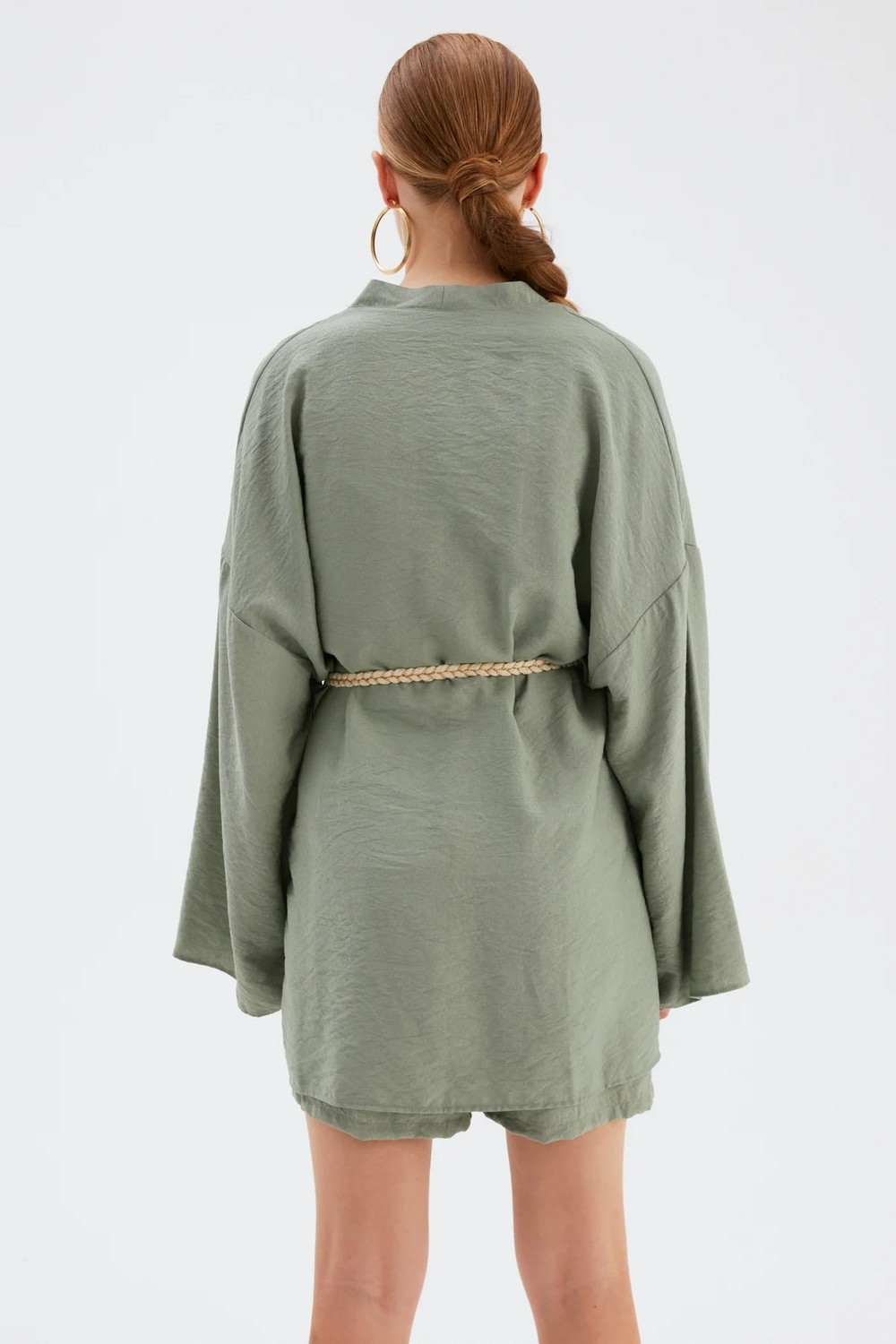 Sateen Kuşak Detaylı Salaş Kimono - YEŞİL görsel 7