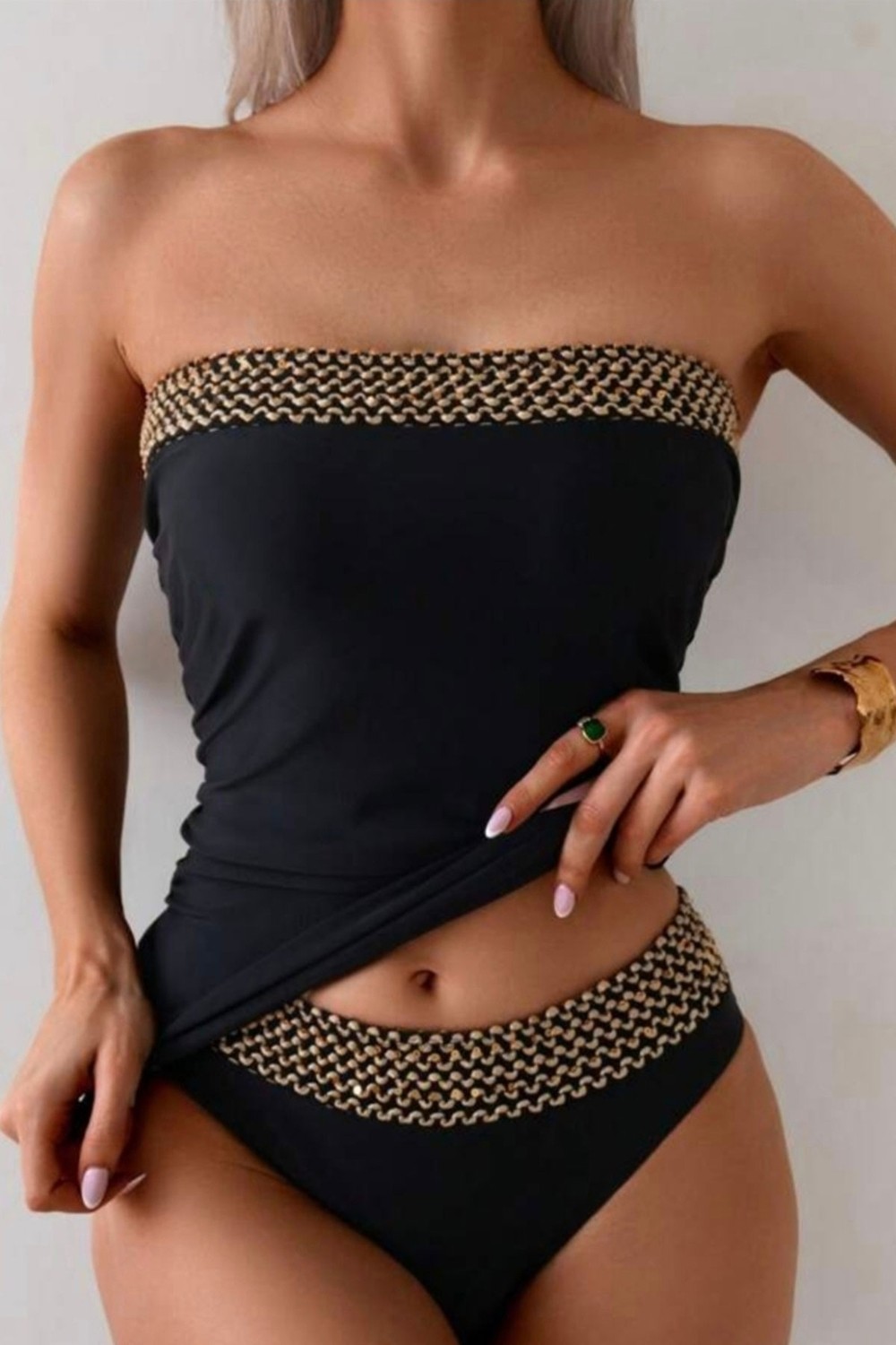 Moda Erva 34 Straplez Gold Örgü Detaylı Tankini Takımı