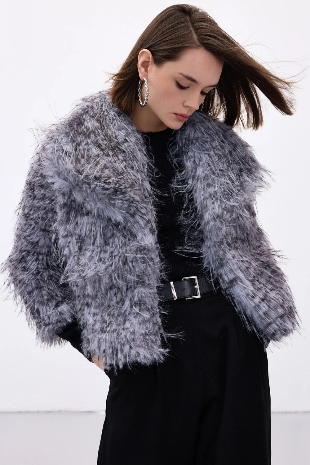 Sateen Leopar Desenli Kürk - Gri