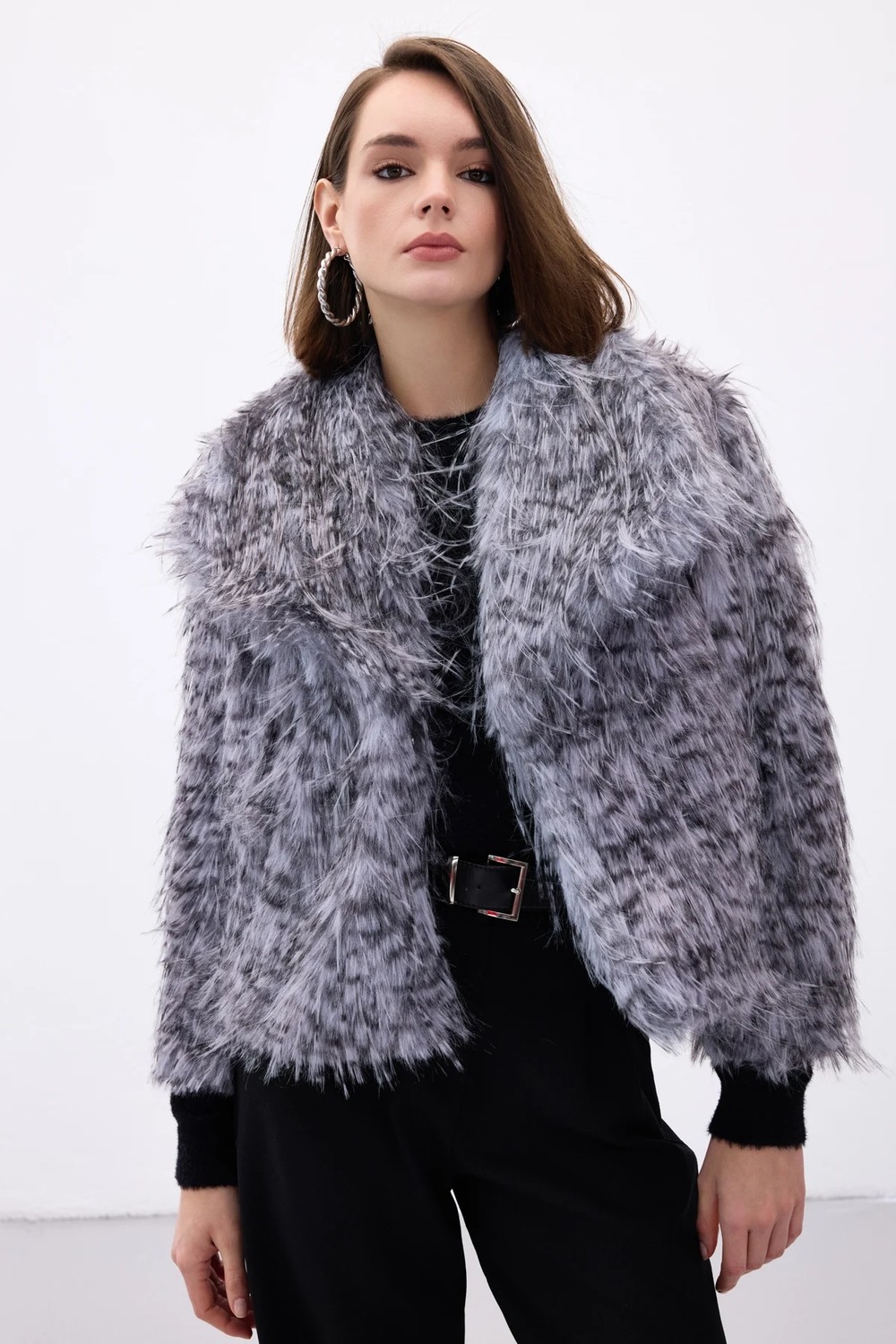 Sateen Leopar Desenli Kürk - Gri görsel 4