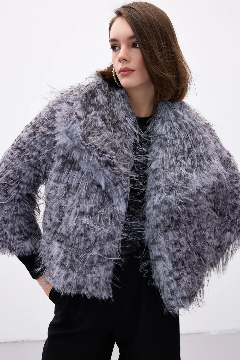 Sateen Leopar Desenli Kürk - Gri görsel 5