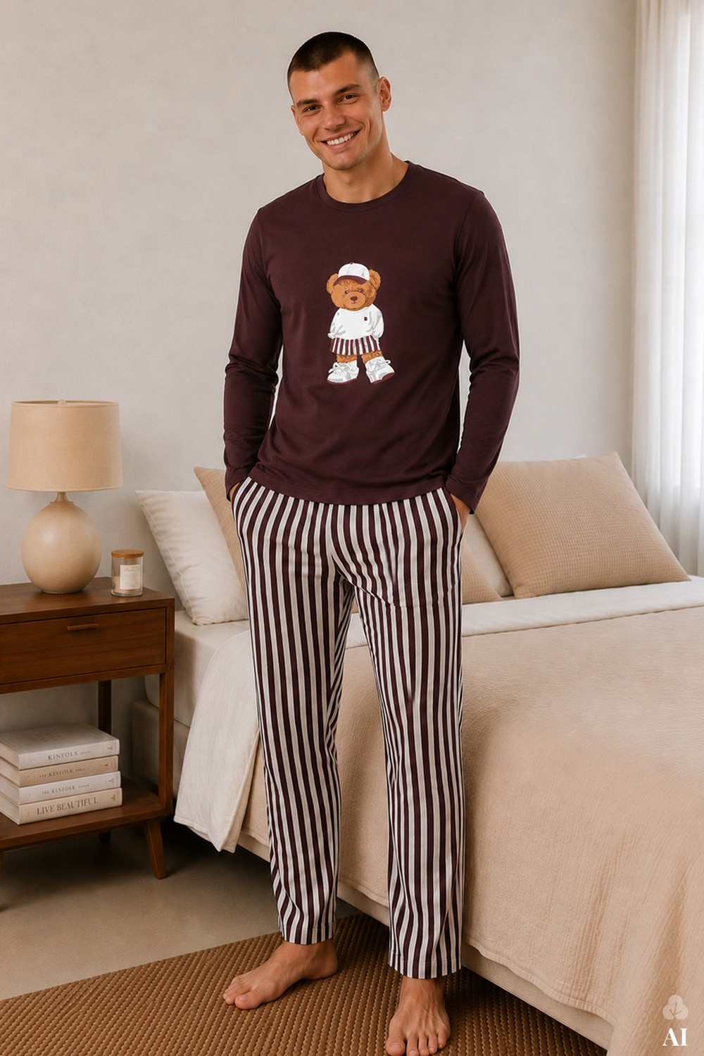 Koza İç Giyim Erkek Pamuklu Uzun Kollu Ayıcık Baskılı Alt Çizgili Pijama Takımı