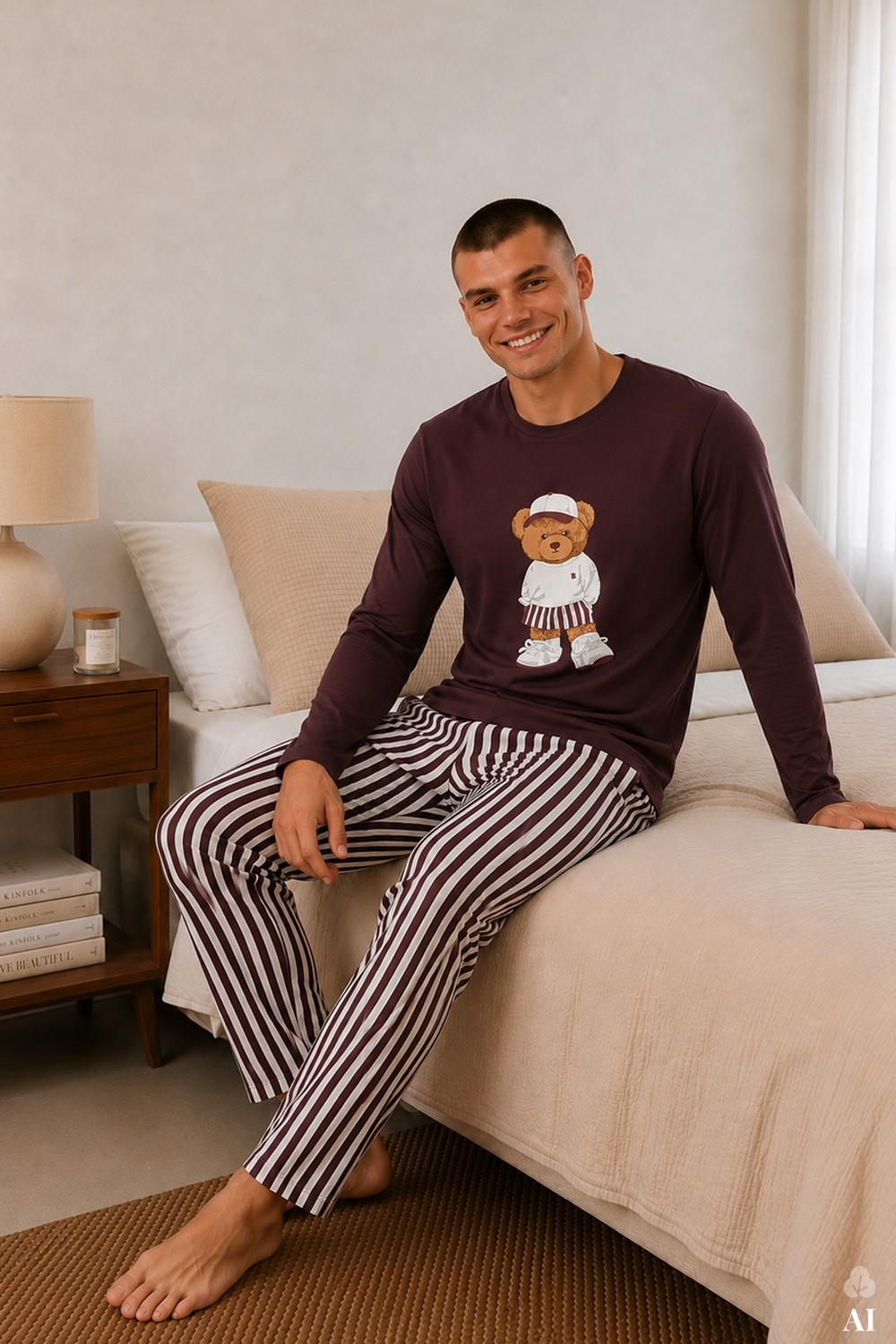 Koza İç Giyim Erkek Pamuklu Uzun Kollu Ayıcık Baskılı Alt Çizgili Pijama Takımı görsel 6