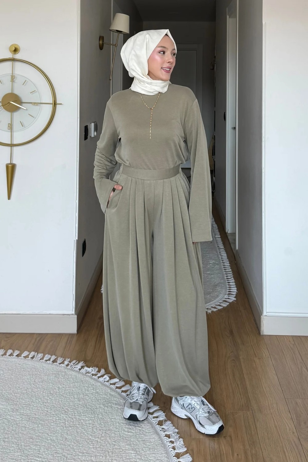 Tesettür Diyarı Habel Pike Orijinal Modal Kumaş Şalvar Pantolonlu Tesettür Takım- Bej görsel 7