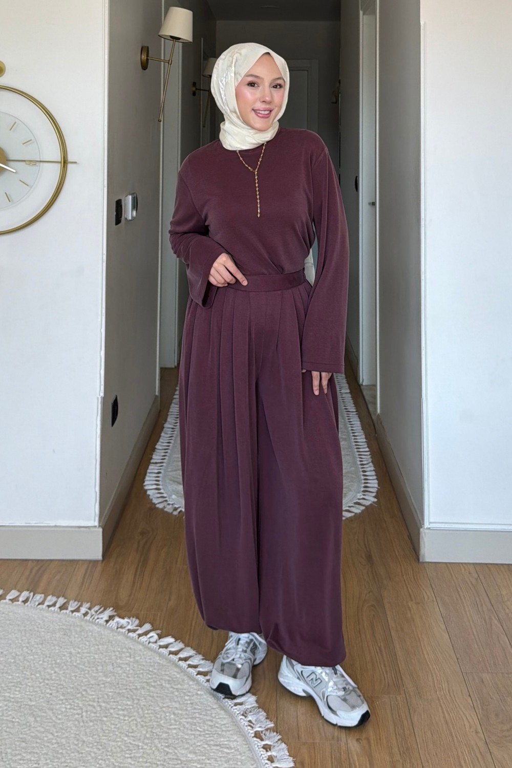 Tesettür Diyarı Habel Pike Orijinal Modal Kumaş Şalvar Pantolonlu Tesettür Takım- Bej görsel 8