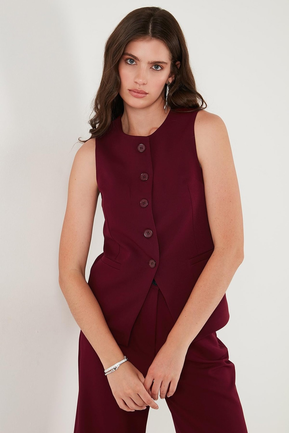 Aesco Lela Regular Fit Bisiklet Yaka Kolsuz Düğmeli Basic Bluz Yelek Bayan Yelek 65200004 görsel 5
