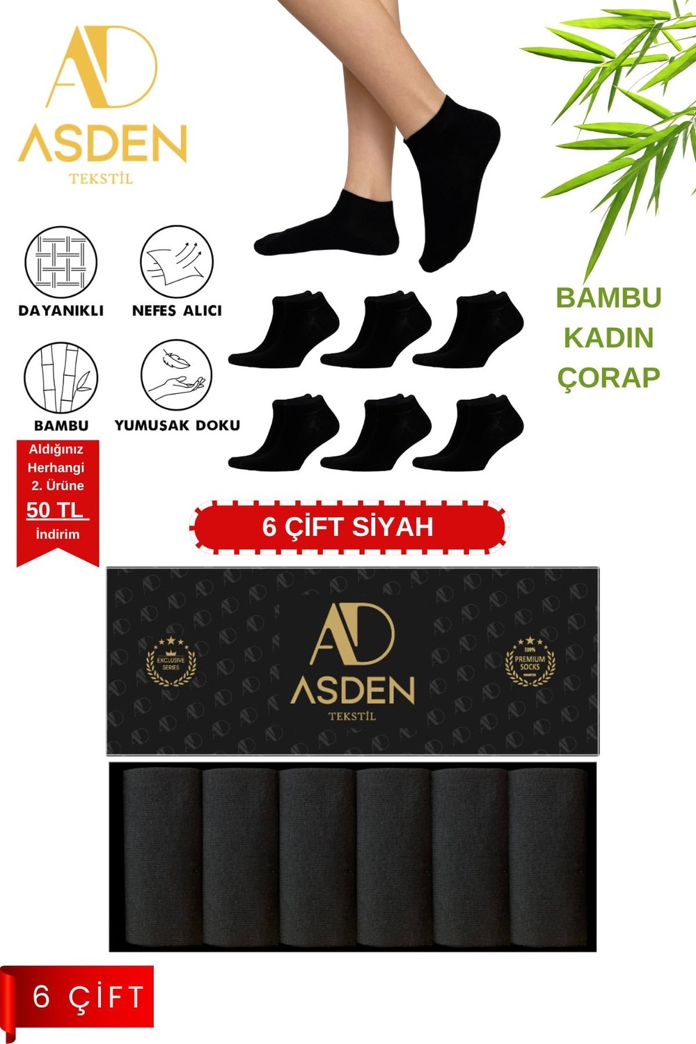 Aesco Bambu Kadın Patik Çorap Siyah Premium Kutulu 6'lı, Yıkamalı, Burun Dikişsiz görsel 2