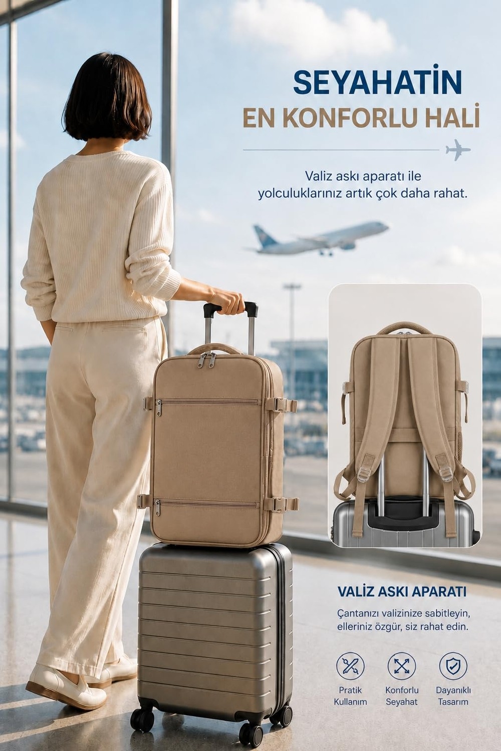 Die Grup Classone Xyz Serisi TR-100C Kabin Boy,uçak Içi, Ergonomik, Laptop ve Tablet Bölmeli, Seyahat, Valiz, 15-18 Inch Uyumlu Notebook, Laptop Sırt Çantası, Camel görsel 3