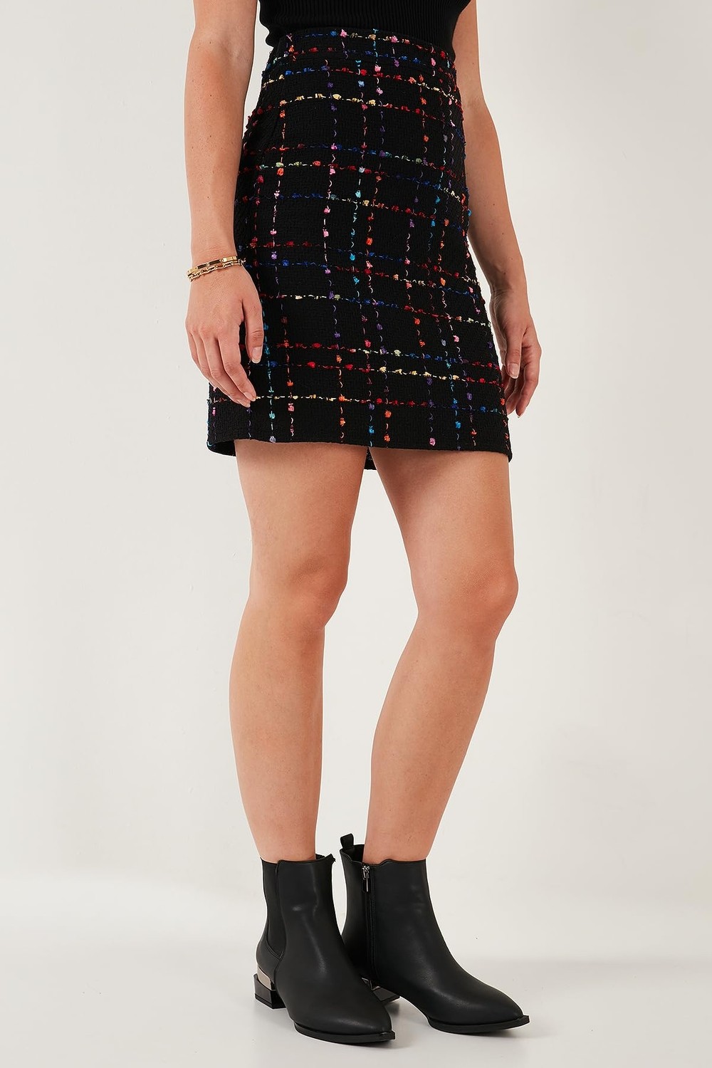 Die Grup Lela Tüvit Desenli Slim Fit Yüksek Bel Mini Boy Etek Bayan Etek 5866436 görsel 3