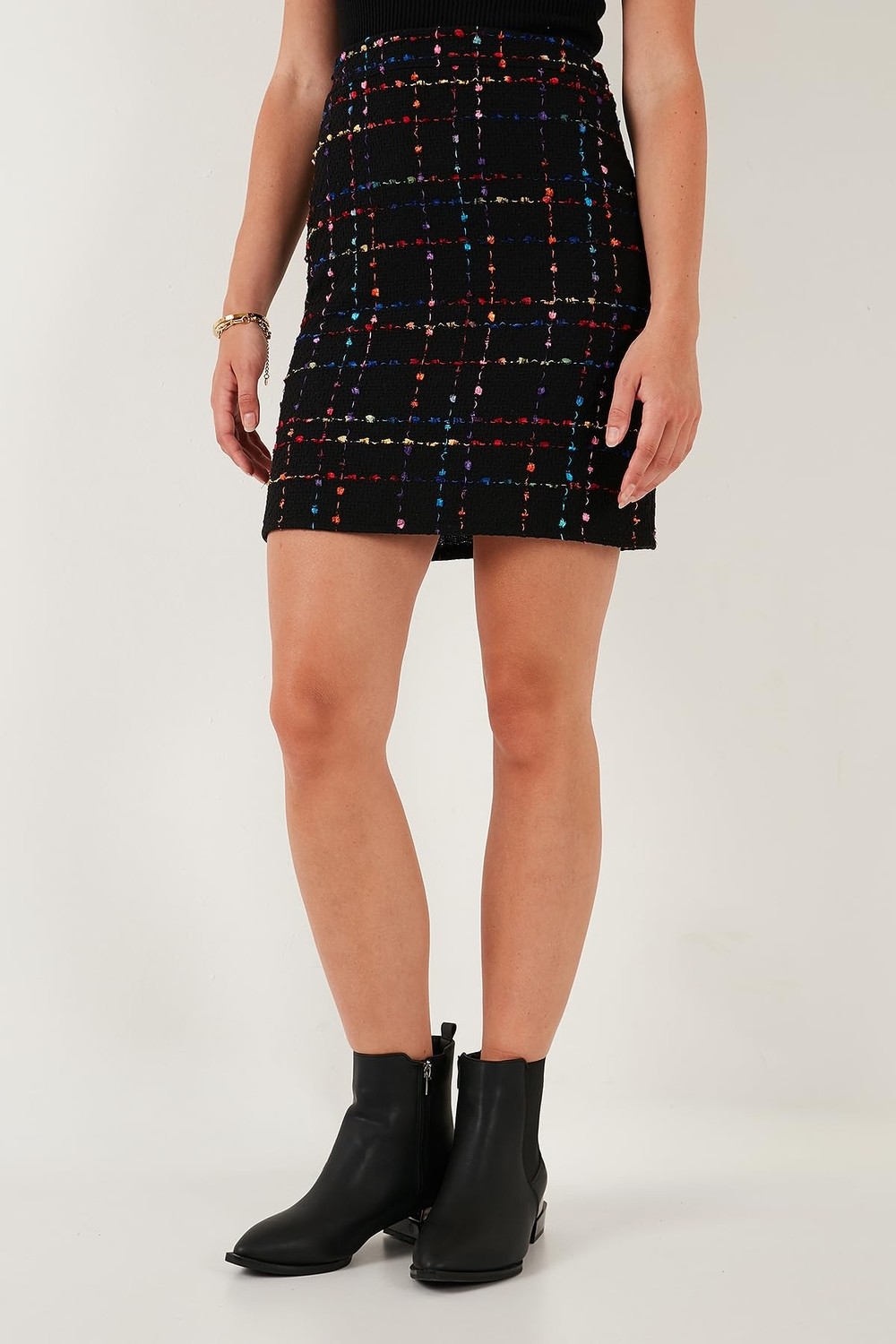 Die Grup Lela Tüvit Desenli Slim Fit Yüksek Bel Mini Boy Etek Bayan Etek 5866436 görsel 4