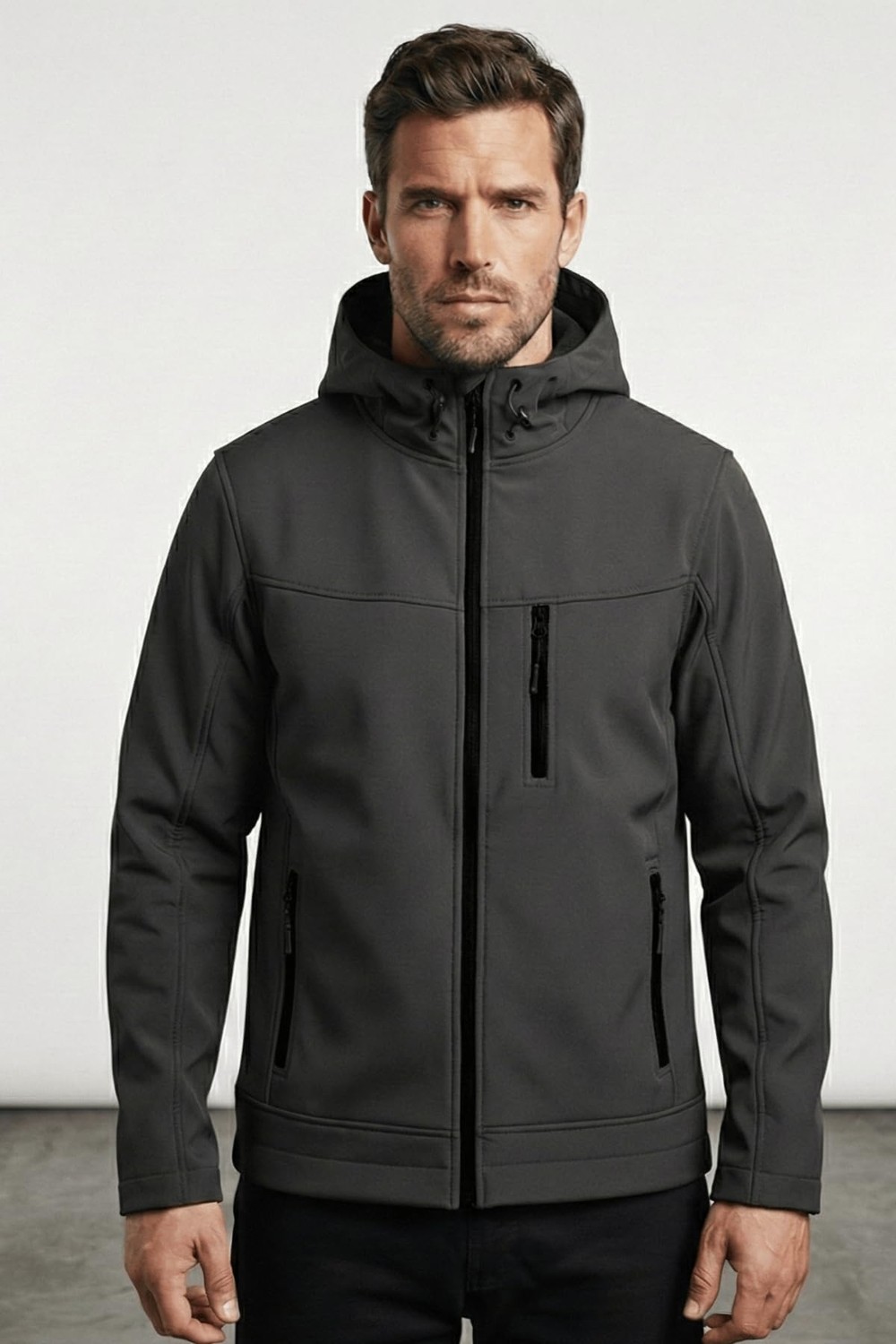 Die Grup Erkek Mont Içi Polarlı Softshell Mont Su ve Rüzgar Geçirmez Kapüşonlu Spor Mont Füme 2xl