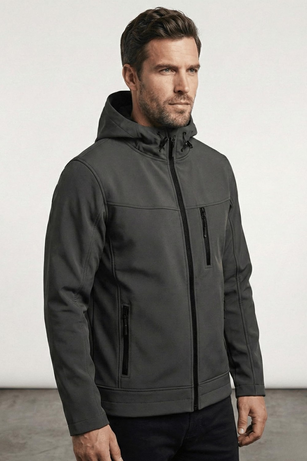 Die Grup Erkek Mont Içi Polarlı Softshell Mont Su ve Rüzgar Geçirmez Kapüşonlu Spor Mont Füme 2xl görsel 2