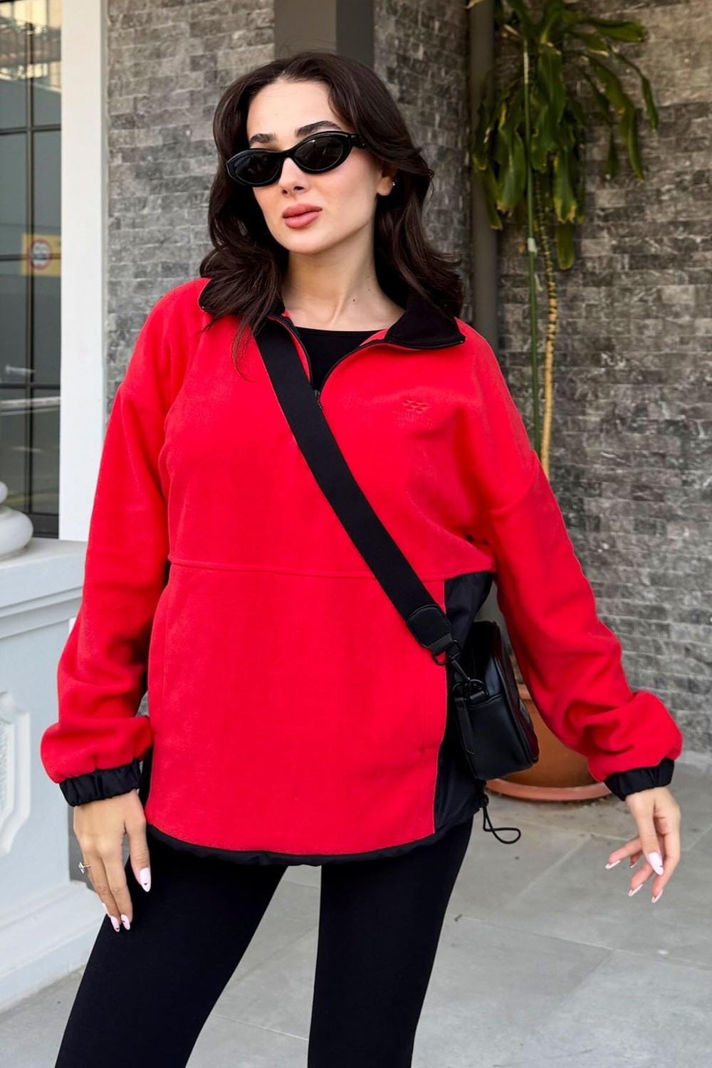 Die Grup Fiesta Yarım Fermuar Etek Ucu Büzgülü Dik Yaka Oversize Kadın Polar Sweatshirt - 97236 görsel 3