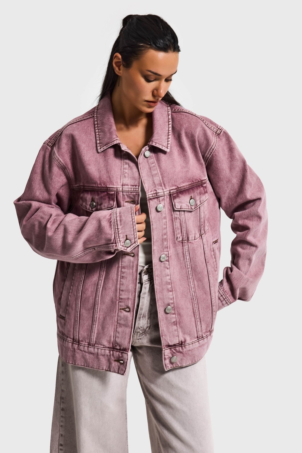 It's Basic Kadın Lila 3s6-98 Oversize Özel Yıkamalı Bol Kesim Denim Ceket