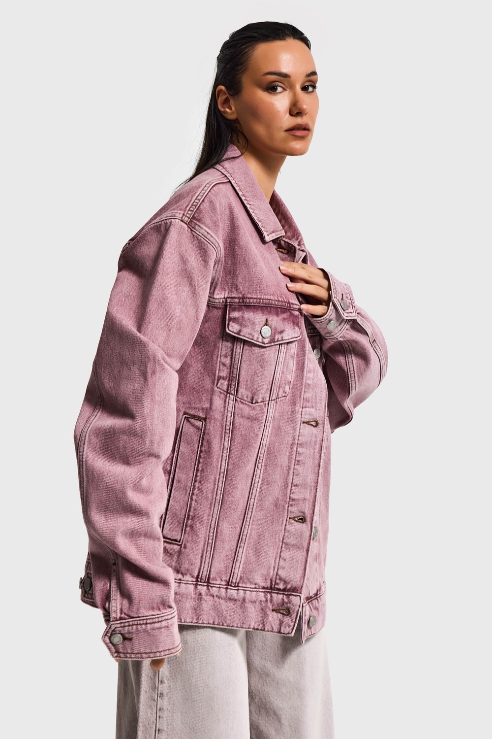 It's Basic Kadın Lila 3s6-98 Oversize Özel Yıkamalı Bol Kesim Denim Ceket görsel 3