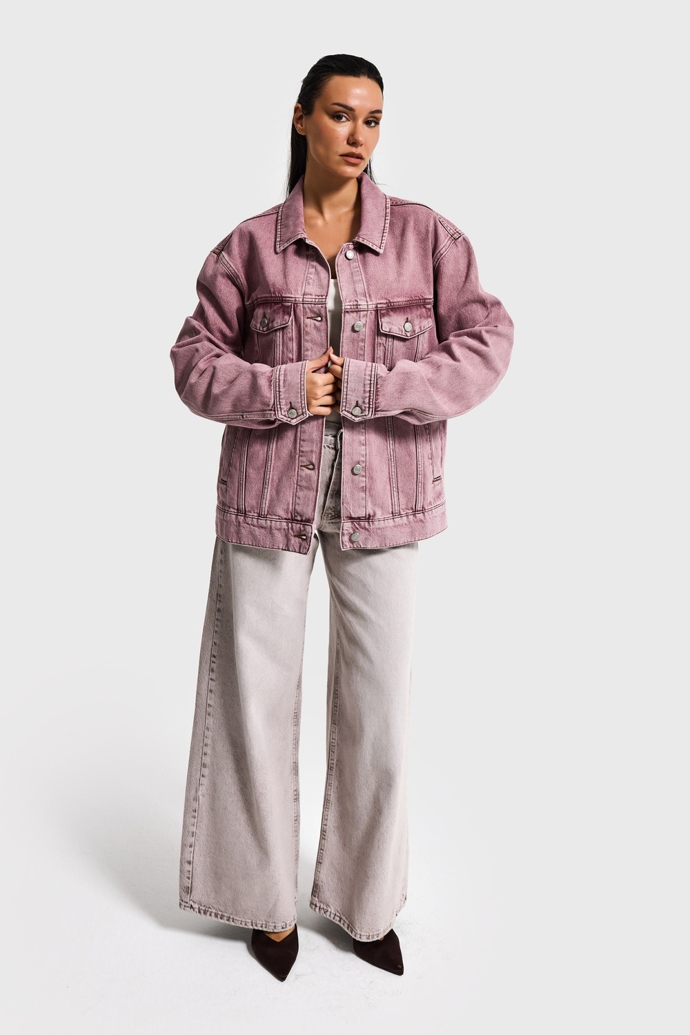 It's Basic Kadın Lila 3s6-98 Oversize Özel Yıkamalı Bol Kesim Denim Ceket görsel 4