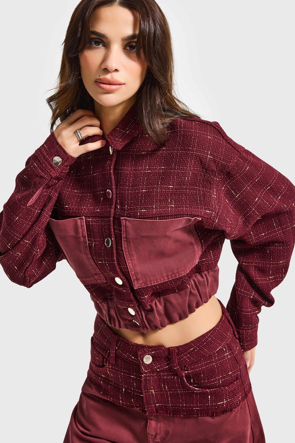 It's Basic Kadın Bordo 6W6-35 Dokuma Denim Kumaş Karışımlı Önü Düğmeli Özel Tasarım Bomber Ceket