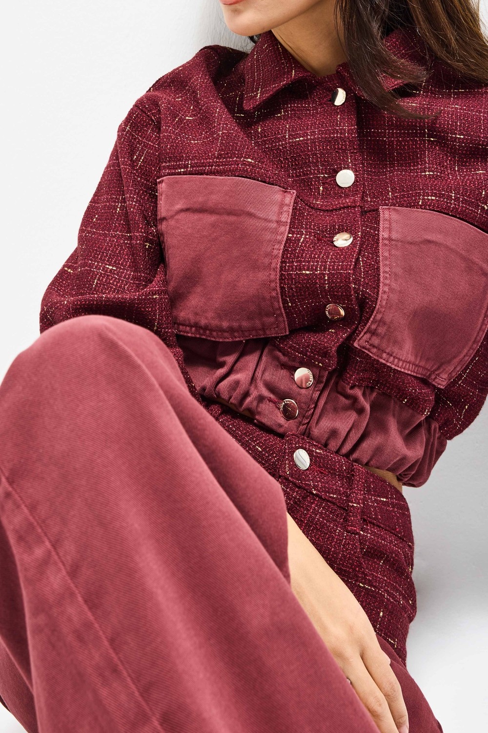 It's Basic Kadın Bordo 6W6-35 Dokuma Denim Kumaş Karışımlı Önü Düğmeli Özel Tasarım Bomber Ceket görsel 2