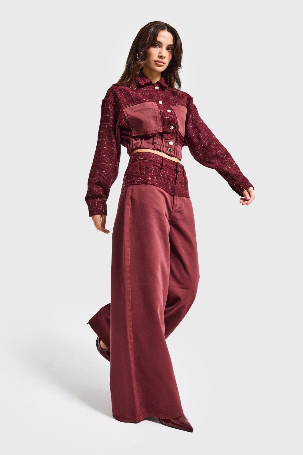 It's Basic Kadın Bordo 6W6-35 Dokuma Denim Kumaş Karışımlı Önü Düğmeli Özel Tasarım Bomber Ceket görsel 3
