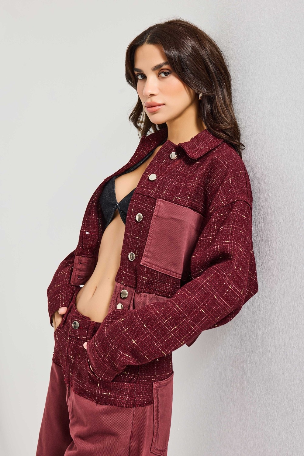 It's Basic Kadın Bordo 6W6-35 Dokuma Denim Kumaş Karışımlı Önü Düğmeli Özel Tasarım Bomber Ceket görsel 4