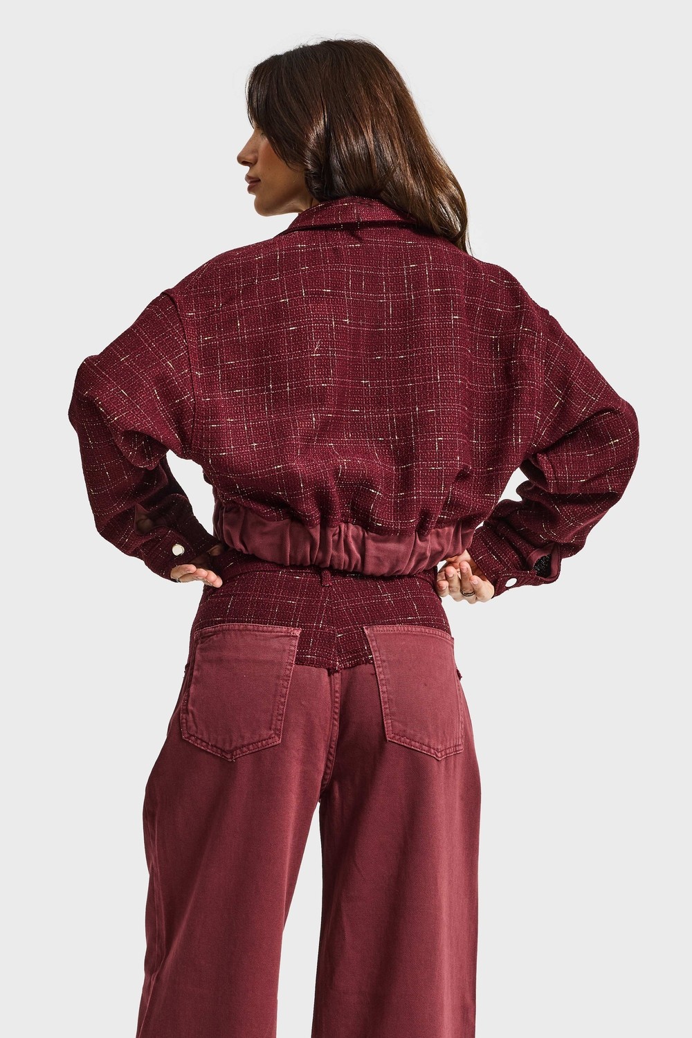 It's Basic Kadın Bordo 6W6-35 Dokuma Denim Kumaş Karışımlı Önü Düğmeli Özel Tasarım Bomber Ceket görsel 5