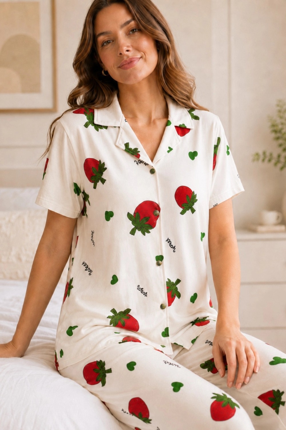 Leyna Ekru Çilek Desenli Kısa Kollu Gömlek Yaka Milan Kumaş Kadın Pijama Takımı