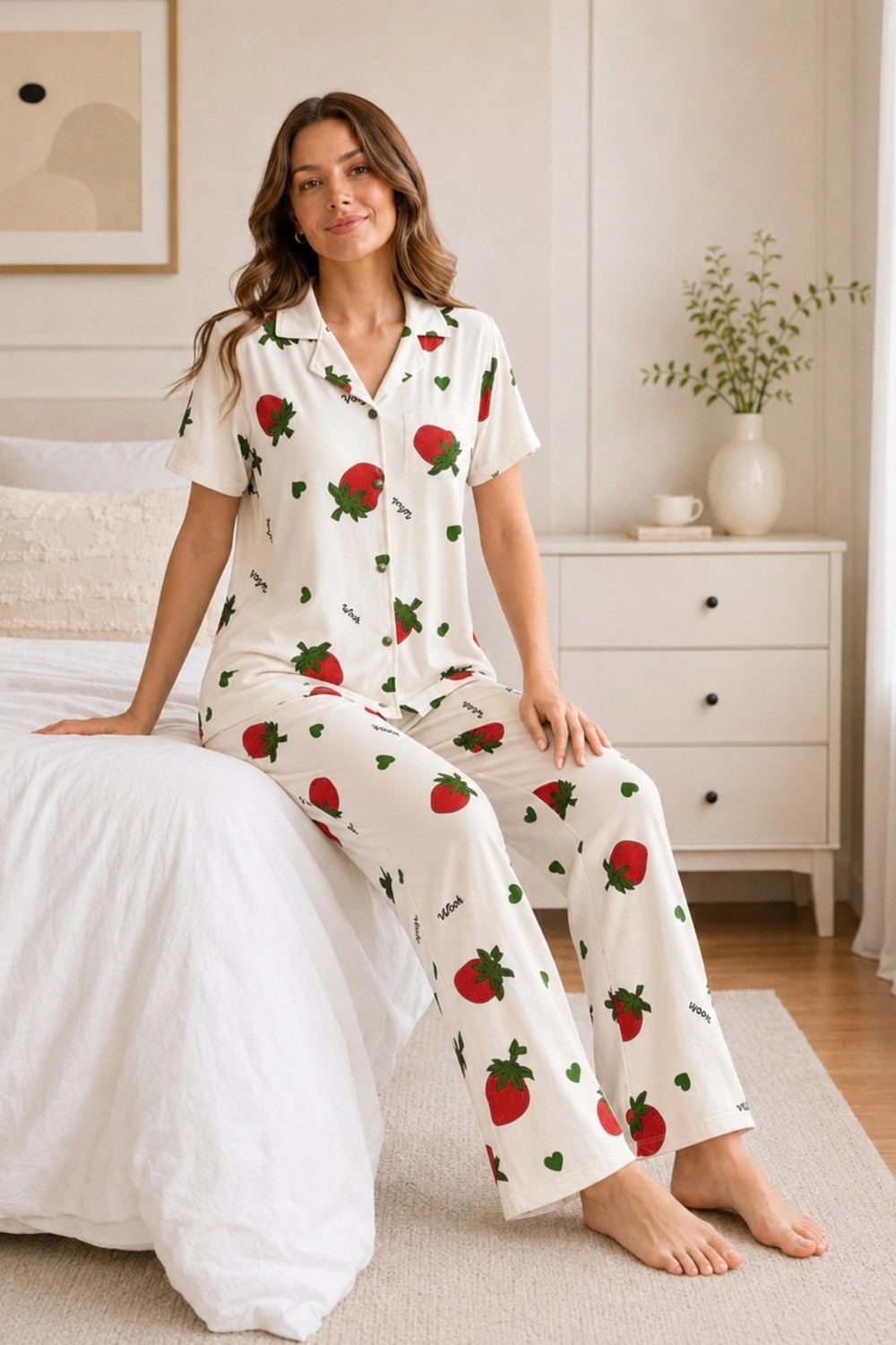 Leyna Ekru Çilek Desenli Kısa Kollu Gömlek Yaka Milan Kumaş Kadın Pijama Takımı görsel 2