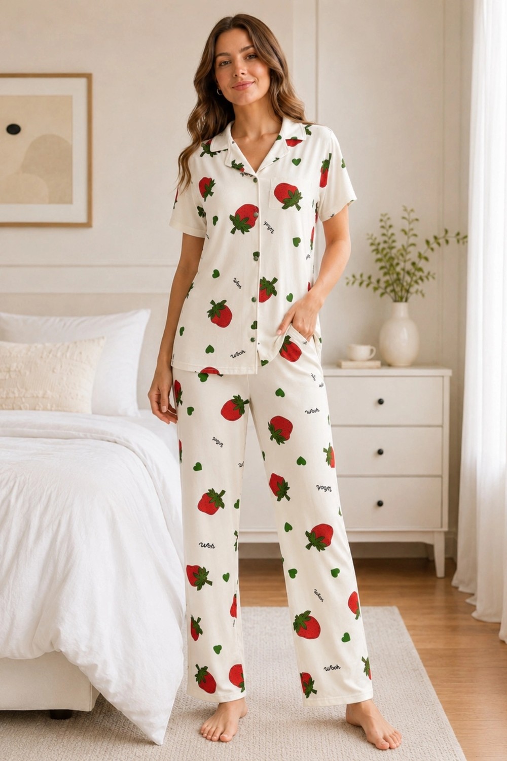 Leyna Ekru Çilek Desenli Kısa Kollu Gömlek Yaka Milan Kumaş Kadın Pijama Takımı görsel 3
