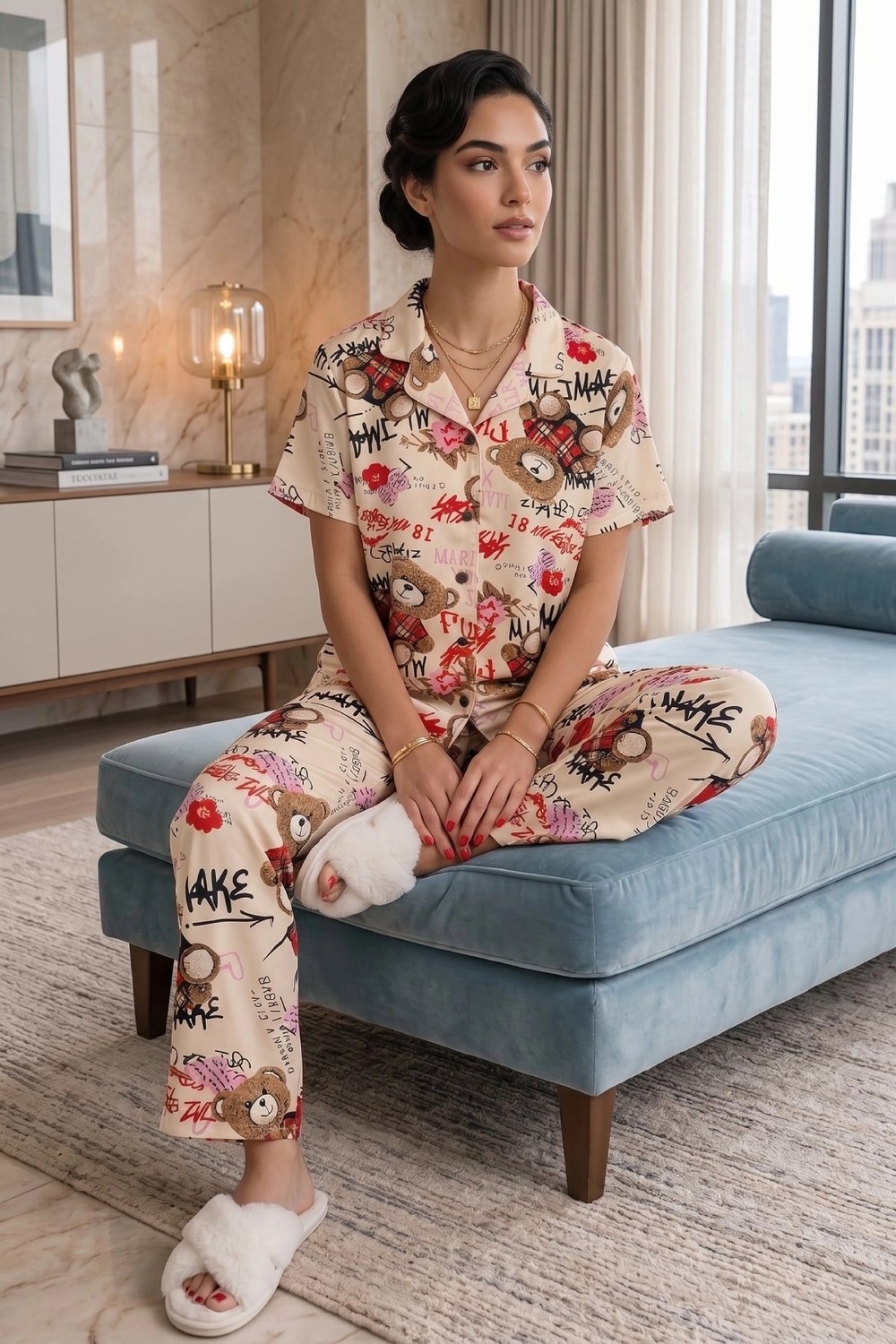 Leyna Ekru Ayıcık Desenli Kısa Kollu Gömlek Yaka Milan Kumaş Kadın Pijama Takımı
