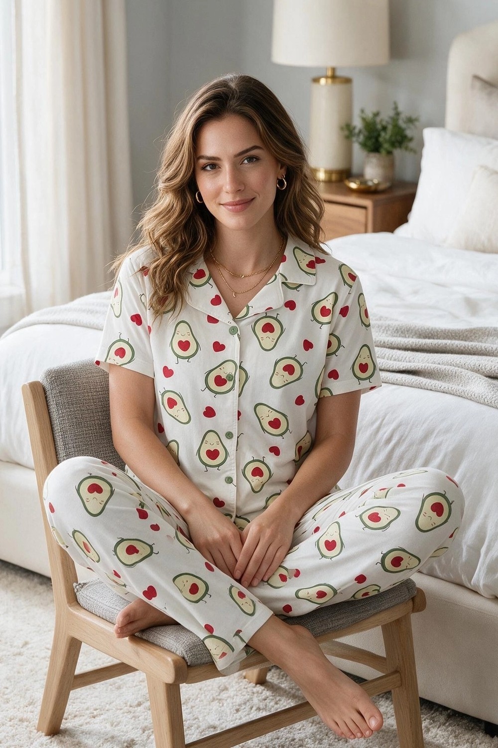 Leyna Avokado Desenli Kısa Kollu Gömlek Yaka Milan Kumaş Kadın Pijama Takımı