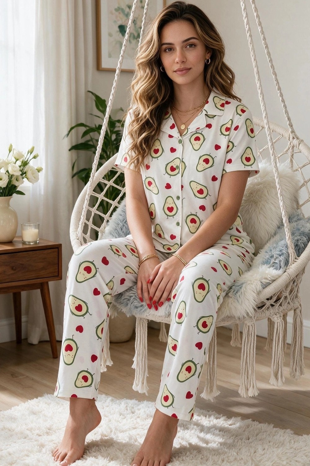 Leyna Avokado Desenli Kısa Kollu Gömlek Yaka Milan Kumaş Kadın Pijama Takımı görsel 3