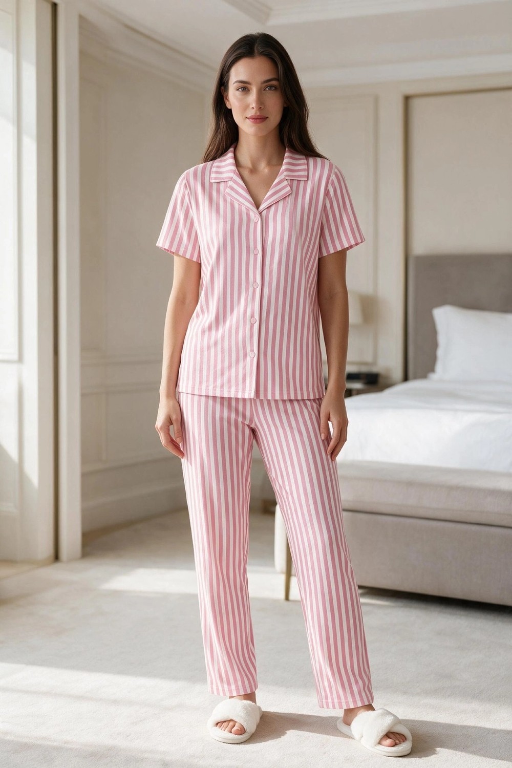 Leyna Kadın Pembe Beyaz Çizgili Kısa Kollu Düğmeli Milan Kumaş Pijama Takımı görsel 3